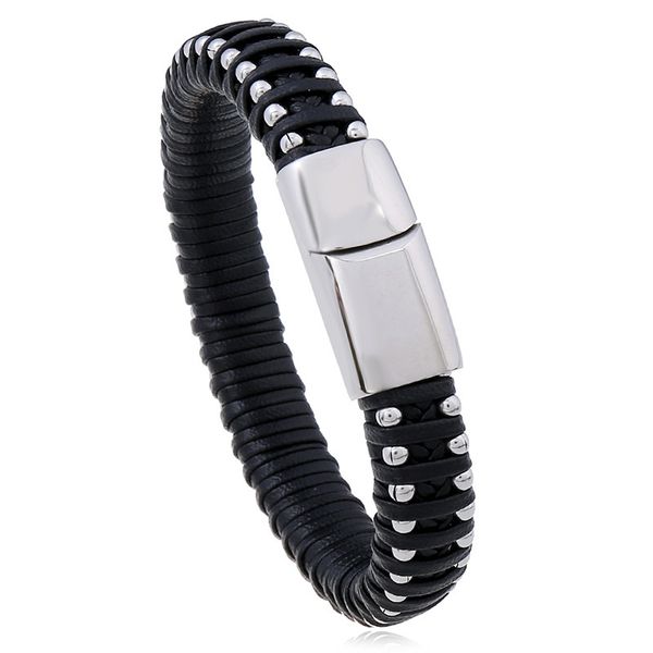 

hand woven titanium steel men's imitation leather bracelet simple men's jewelry magnet buckle leather bracelet, Silver