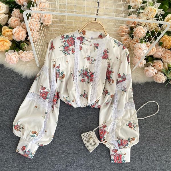 

bohemian floral blouse for women elegant round neck lace patchwork shirt boho chic print female autumn new fashion 2020, White