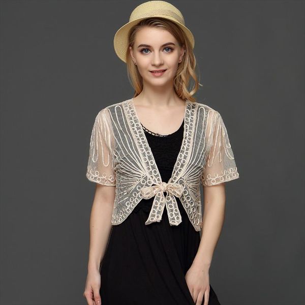

summer thin short sleeve handmade crochet lace mesh shrug bolero women embroidery cardigan feminino short cape oversized, White;black
