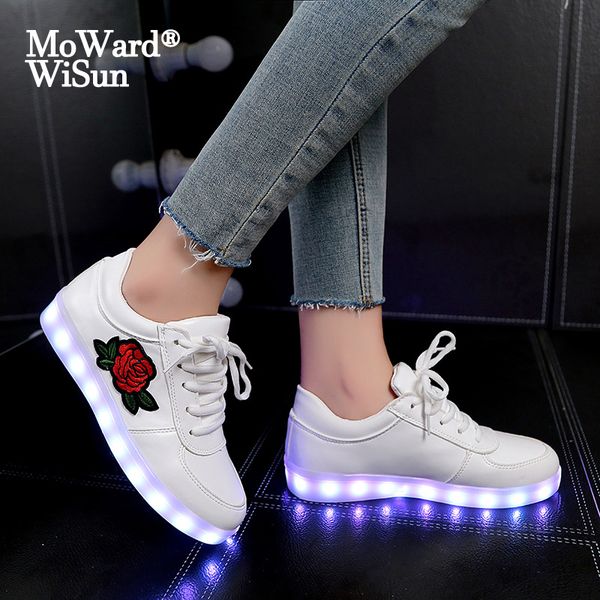

size 30-43 kids glowing luminous sneakers women shoes with sole usb charging children led lighted slipper for boys girls, Black;red