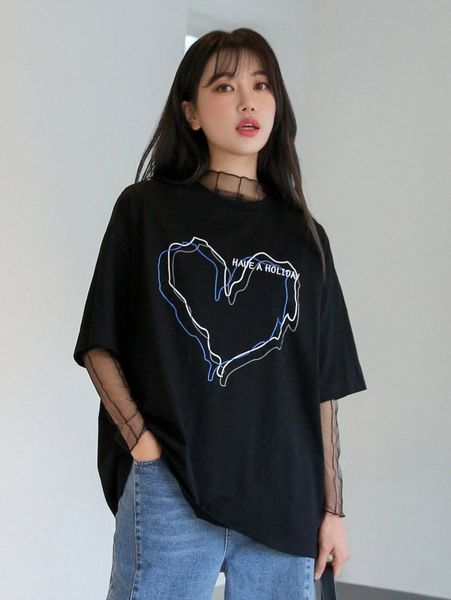 

dazy slogan & heart print drop shoulder tee y9mn#, White