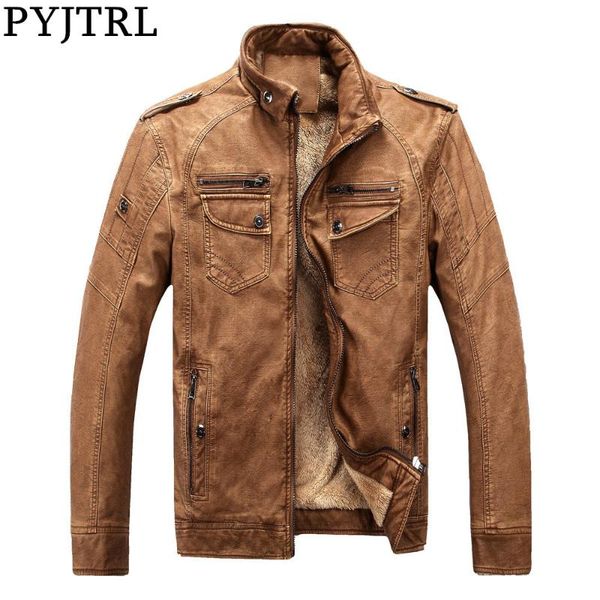 

pyjtrl mens fashion autumn winter fleece lining pu leather jacket velvet washed motorcycle bomber casual coat thick streetwear, Black