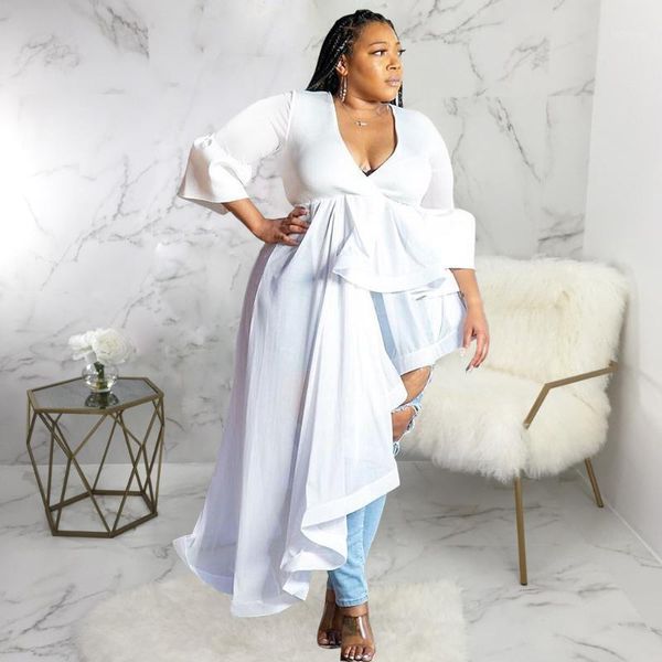 

white big size v neck blouse high waist ruffle long shirts 2021 summer female day blouses rh561