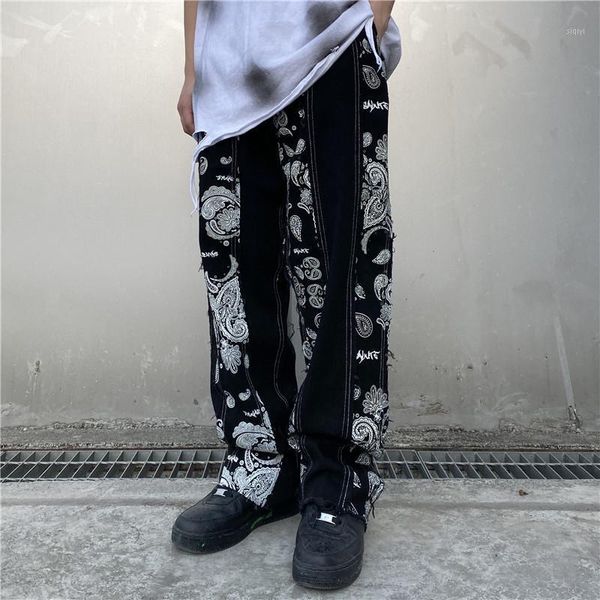 

men vintage pattern print straight jeans trousers male ragged design streetwear hip hop denim pants1, Blue