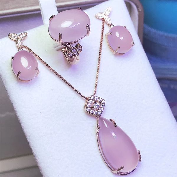 

925 qjadery natural pink chalcedony jade gemstone sets rose gold sterling silver women set party fine jewelry 328w