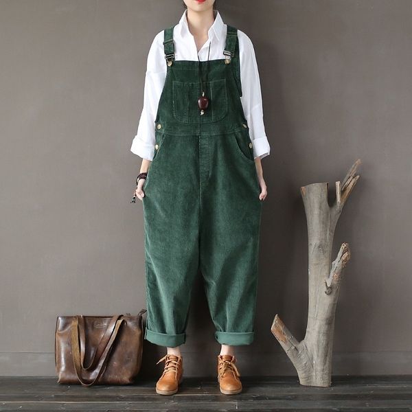 

cotton corduroy jumpsuit women loose casual fashion bodysuit autumn vintage strap women rompers solid black green brown a217 y200401, Black;white