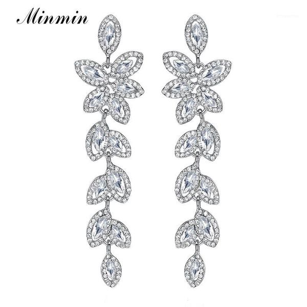 

minmin luxury silver color crystal long earrings for women wedding accessories dangle drop leaves earrings brides jewelry eh2821