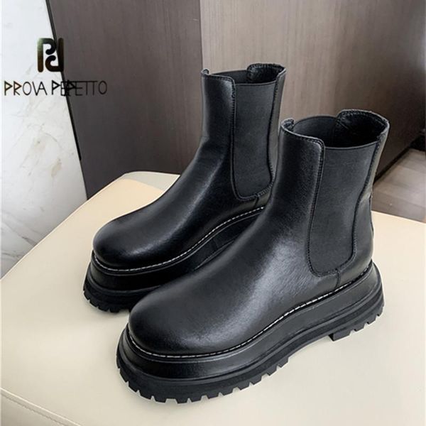 

prova perfetto all-match black boots women genuine leather plush round toe thick bottom boots autumn winter ankle botas feminina