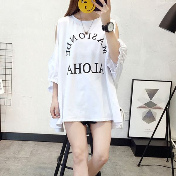 

t women 2019 off shoulder bat sleeve letter print women's strapless loose wild t-shirt casual shirt plus size vestidos, White
