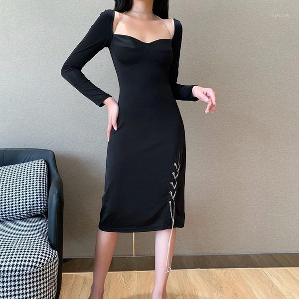 

fashion women dress fall autumn black square neck chain dress long sleeve side split lace-up knee length vintage plain vestidos1, Black;gray