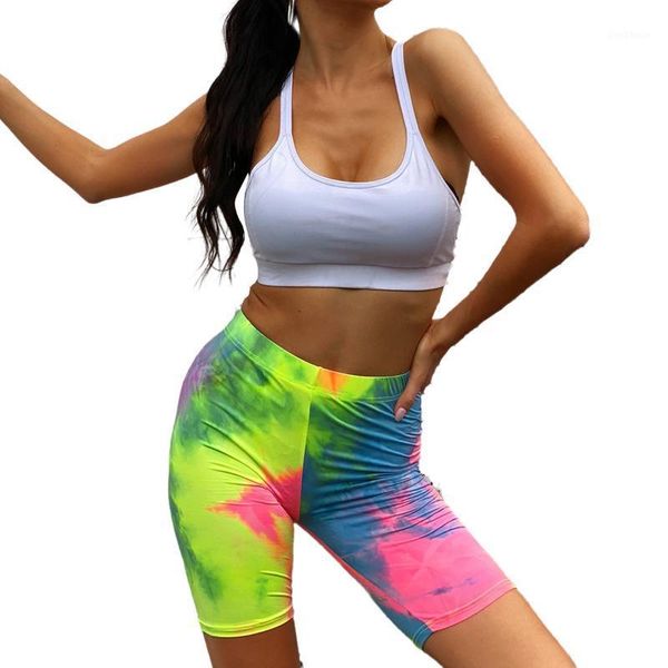 

women high waist tie-dye print seamless yoga shorts push up hip gym shorts sports leggings running fitness short pants1, White;red