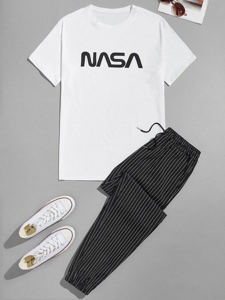 

men letter graphic tee & drawstring waist sweatpants r8ia#, Gray
