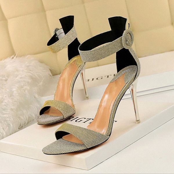 

Women Sandals Ladies Elegant Ankle Strap Shoes Summer Thin Heels Female Fashion Woman Sexy Bling High Heels Footwear #TU2c, Black