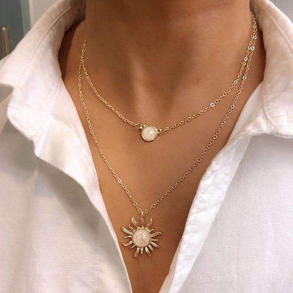

misananryne sun flower pendant necklace charm multilayer elegant stone necklace boho jewelry women girls party gift, Silver