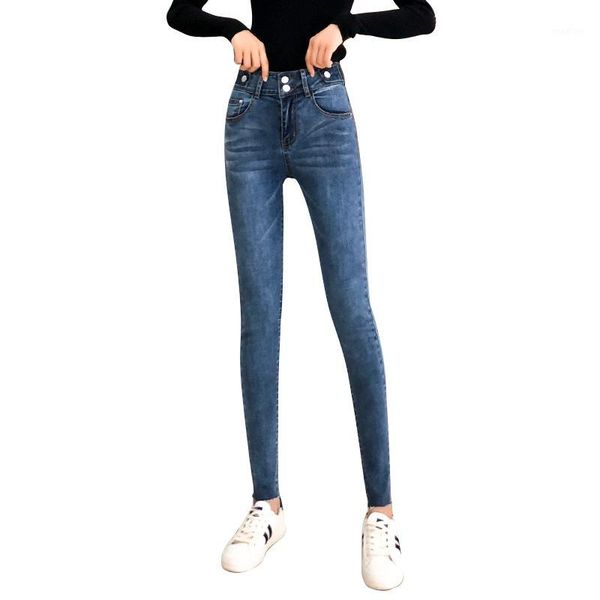 

jeans women's autumn new korean high waist tight skinny thin irregular pants light color nine points small feet pencil pants1, Blue