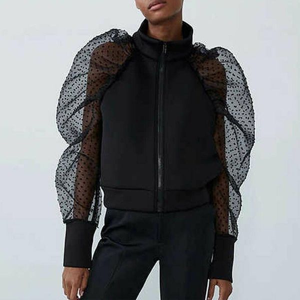 

women's jackets 2021 autumn women high collar coat polka dot mesh sheer puff sleeve jacket, Black;brown