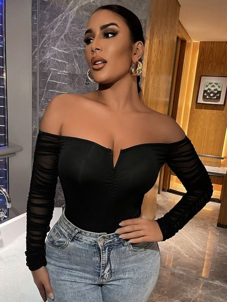 

sxy notched mesh-sleeve ruched back bardot q1g8#, White