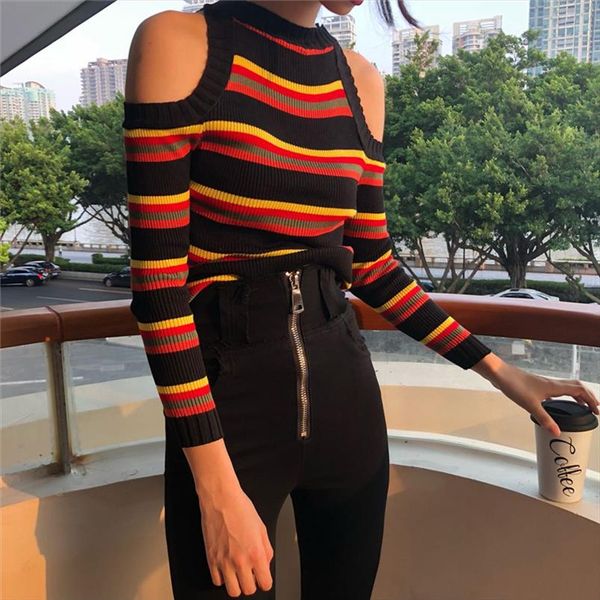 

new korean retro womens striped sweater patchwork womens sweater off shoulder slim drop shipping, White;black