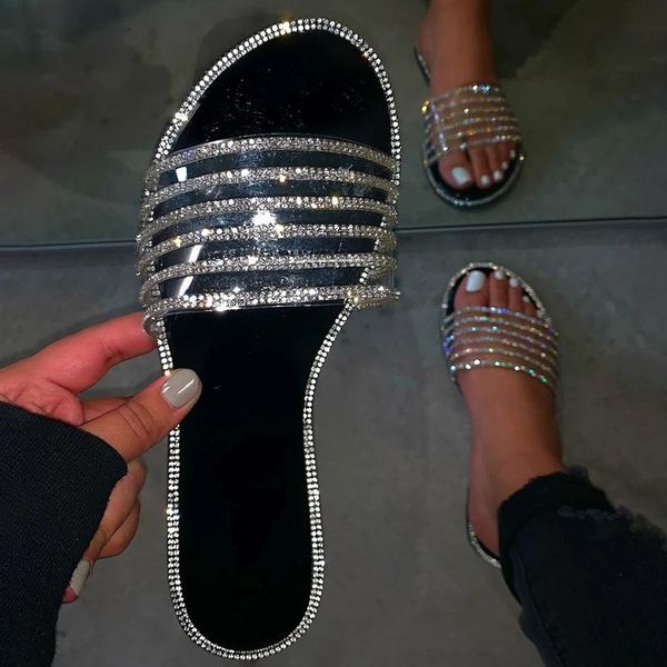 

glitter slippers women summer sandals 2021 fashion bling female candy color flip flops beach diamond flat shoes outdoor sandals, Black