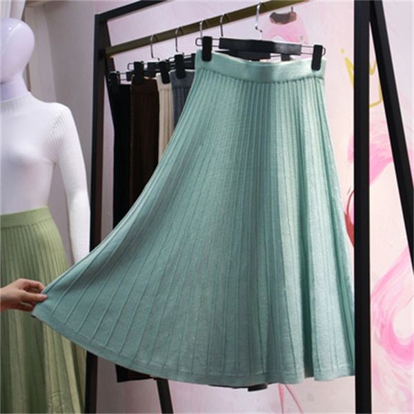 

2021 new vintage elegant winter women sweater skirt elastic high waist pleated midi knitted a-line female solid thick skirts 3xps, Black