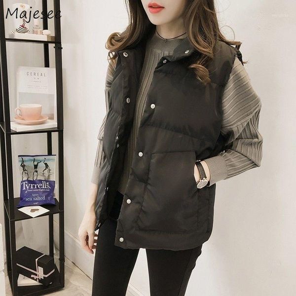 

vests women feminine korean fashion clothing plus size casual solid womens button pockets keep warm elegant turn-down collar1, Black;white