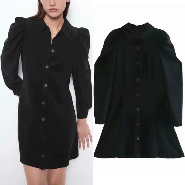 

2021 new black shirt women autumn lapel collar long puff sleeve mini dresses ladies button up korean casual dress d7xn, Black;gray