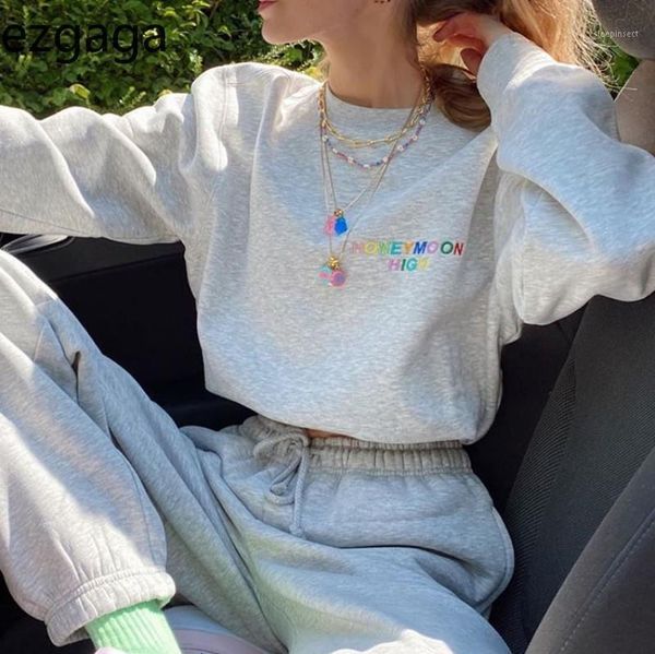 

ezgaga women sweatshirt long sleeve o-neck solid letter embroidery loose all-match ladies pullover autumn streetwear casual1, Black