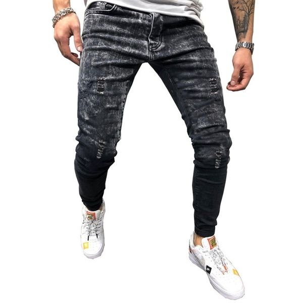 QYZRFS Uomo Jeans con buco distrutto Pantaloni elasticizzati strappati Pantaloni da motociclista nastrati Pantaloni casual da uomo in denim slim fit Nuovo LJ200903