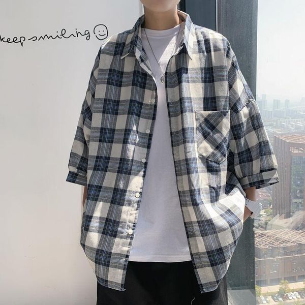 

summer plaid shirt men's fashion retro cotton casual shirt men streetwear wild loose loose sleeve mens dress -2xl1, White;black