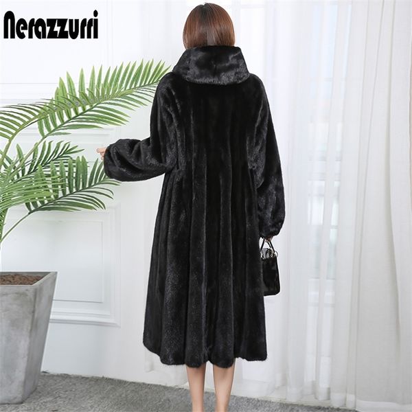 

nerazzurri winter black long faux fur coat with hood long sleeve black plus size skirted fake mink fur coats overcoat women 7xl 201215