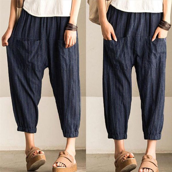 

pants women 2020 summer casual high waist vintage striped loose cotton linen long trousers harem pants f j13, Black;white