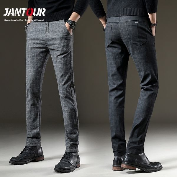 

jantour brand pants men casual elastic long trousers male cotton plaid gray work pant men's autumn winter big size 28-38 201114, Black