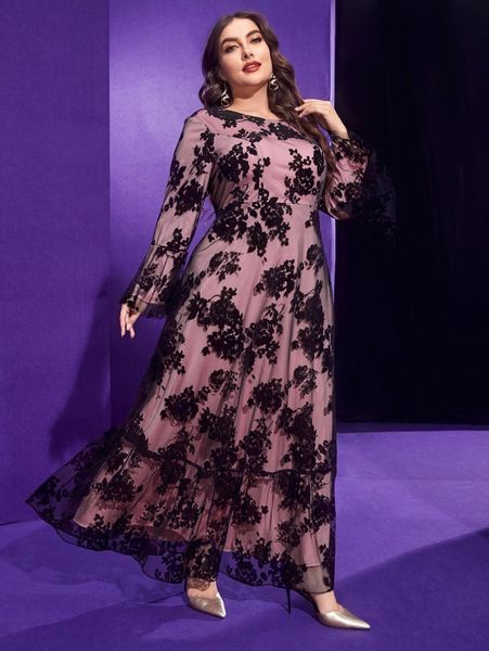 

plus floral print flounce sleeve ruffle hem mesh dress d8qj#, Black