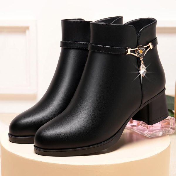 

pu rubber woman shoes fashionable med (3cm-5cm) boots women square heel women shoes 2020 solid woman boots, Black
