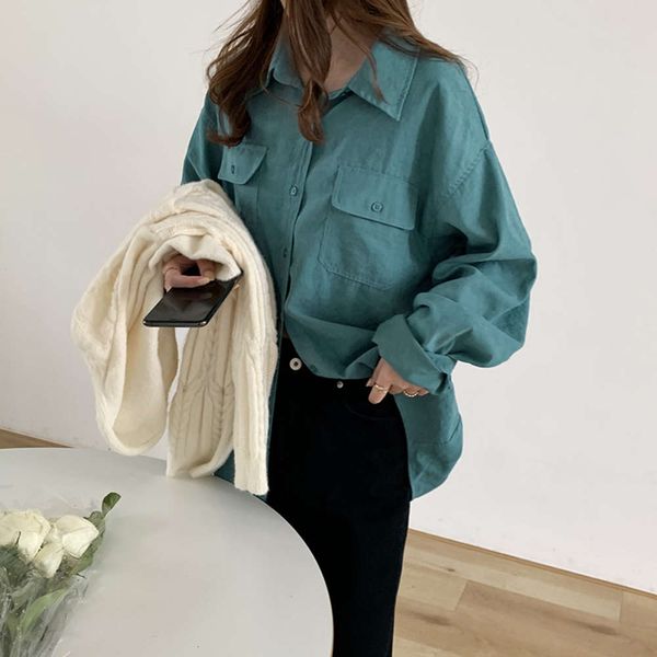 

huang zheng] double pocket solid color simple drop shoulder female 2021 spring korean loose long sleeve shirt c78429, White
