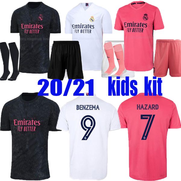 

sergio ramos hazard benzema real madrid 20 21 soccer jersey 2020 2021 asensio modric marcelo football kids kits sets socks, Black