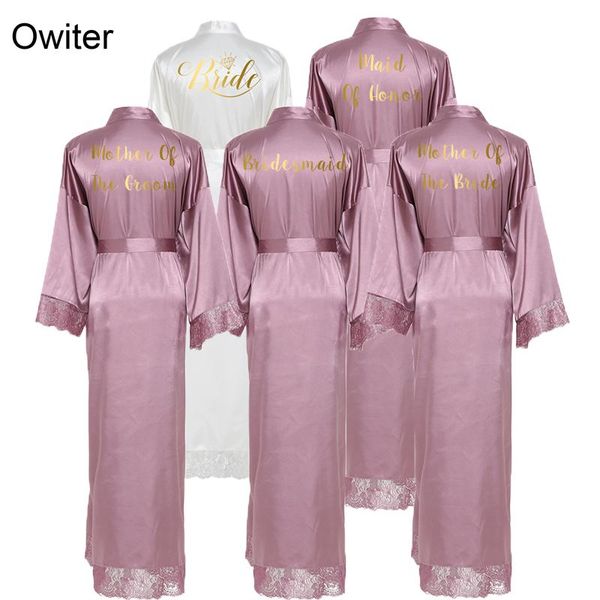 

women's sleepwear owiter 2021 silk satin lace robes white bridesmaid bride wedding long robe bathrobe plus size maid of honor gown paja, Black;red