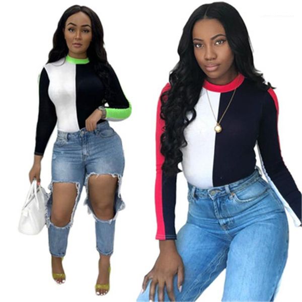 

женский осень new сыпучие повседневный главная tshirts ladies colorblocked основывая tshirts тенденции моды с длинным рукавом вокруг шеи top, White