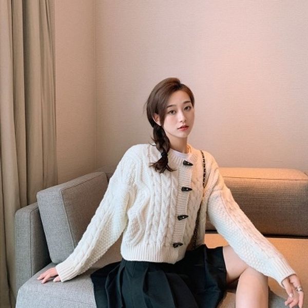 

spring and autumn 2020 new languid style twist knitting ox horn button short loose cardigan jacket sweater for button sweatercoat sweaterwom, White;black