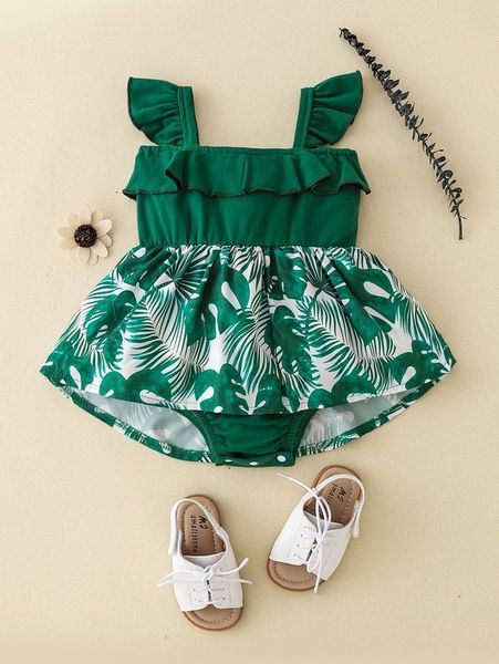 

baby tropical print ruffle trim combo bodysuit dress she, Red;yellow