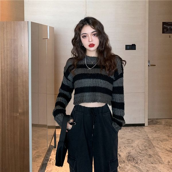 

2020 spring sweater women's short striped high waist bf 2020 spring overallssweater overalls women's casual short striped high wai, Gray