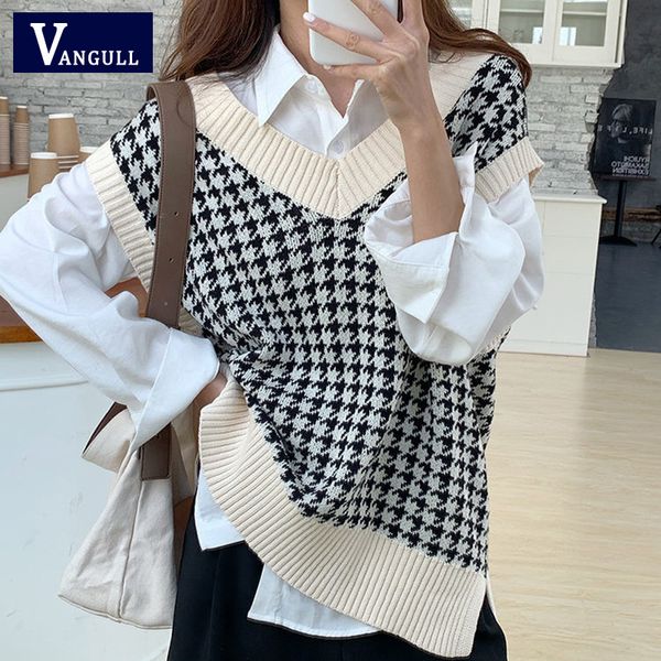 

vangull women 2020 fashion oversized houndstooth knitted vest sweater vintage sleeveless side vents female waistcoat chic 1023, Black;white