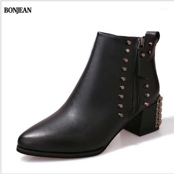 

boots women ankle 5.5 cm thick high heel pointed toe booties ladies winter keep warm fashion rivet decoration shoes black1, Black