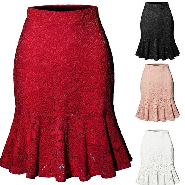 

2021 new women's lace elastic waistband thin tight office work wear fishtail bottoms plus size ladies skirt tvha, Black