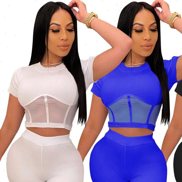 

solid two piece set streetwear outfits women mesh pants set 2021 summer o neck t shirt and trousers casual two piece set, Gray