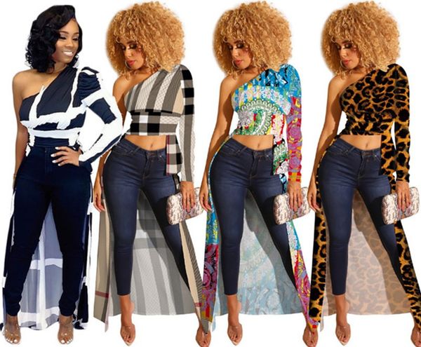 

women t-shirt crop fall winter clothes club asymmetrical one shoulder long sleeve gym pullover leopard striped 1521, White