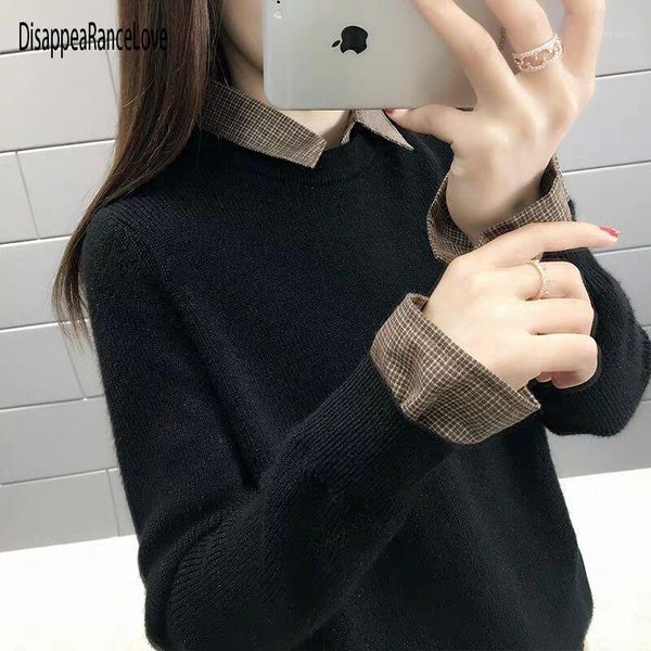 

women winter solid color sweater long sleeve fake two pieces soft handfeel holiday stylish sweater blouse1, White;black