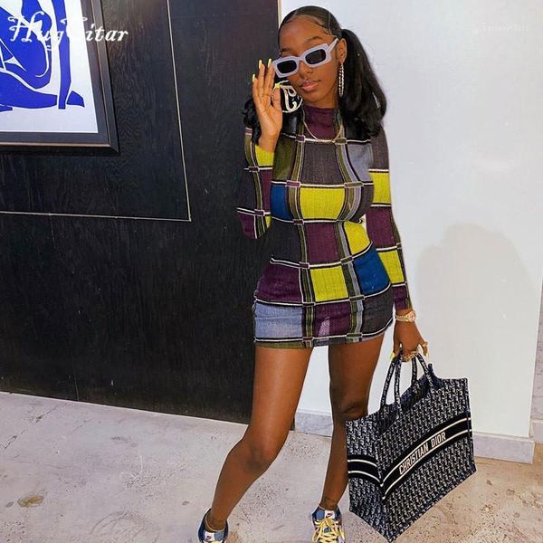 

casual dresses hugcitar 2021 long sleeve patchwork plaid print y2k mini dress autumn winter women fashion party club outfuts1, Black;gray