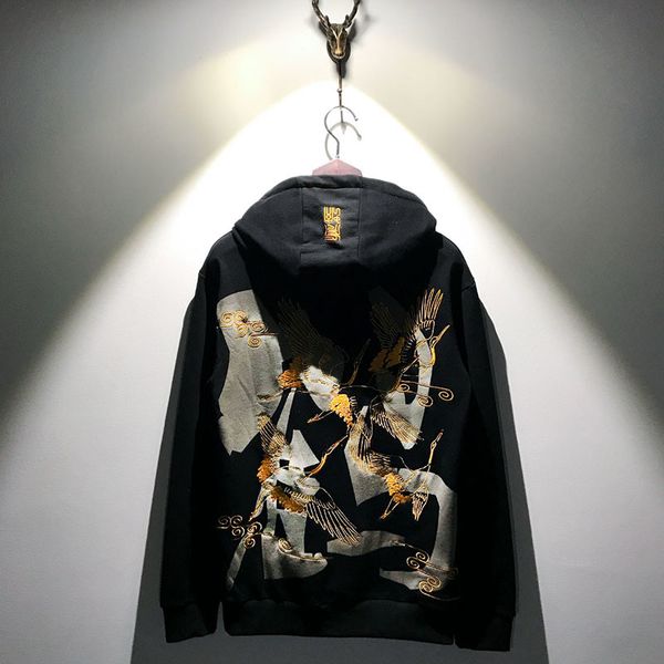 

maszre in 2020, the new long sleeve hoodies cotton loose gold fleece couples cranes embroidery printing men's wear women's 1019, Black