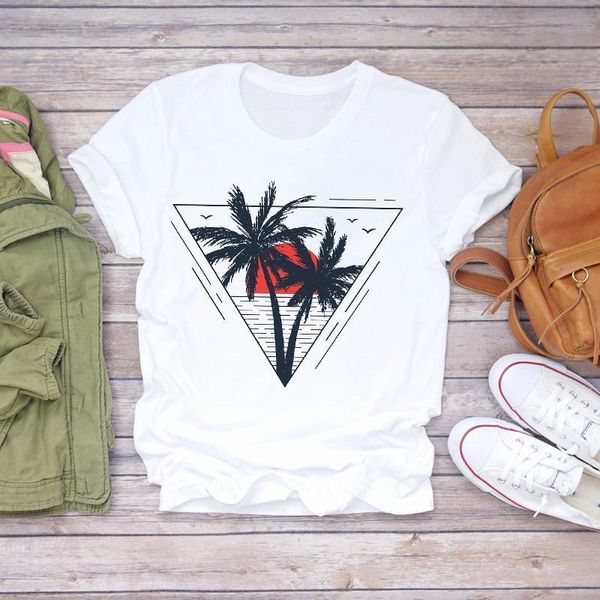 

women beach ocean wave tree geometric printing clothes lady t-shirts womens t shirt ladies graphic female tee t-shirt, White